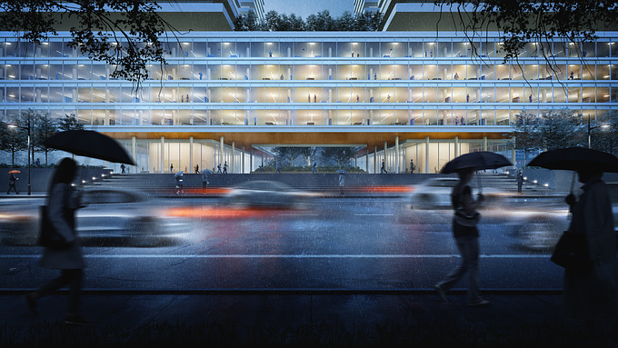 Rainy street at the evening.

A view of an office building facade done for a personal project.