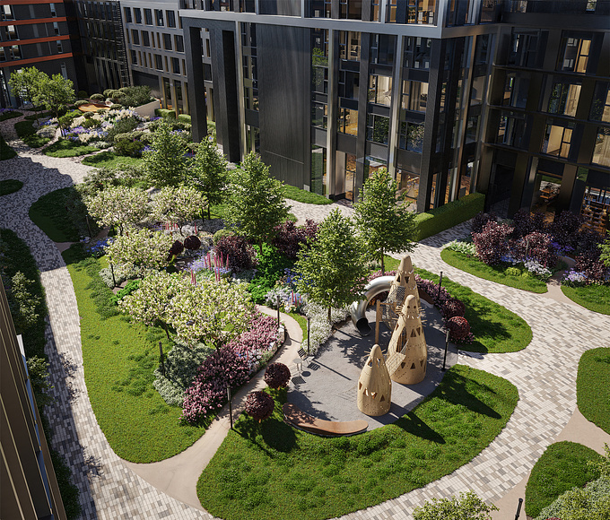 Residents of the quarter will discover spaces for relaxation, play, sports, and walking with their pets. The landscaping concept emphasizes a substantial amount of green space, winding paths, and private areas for recreation. Quiet and cozy areas are designed for leisure