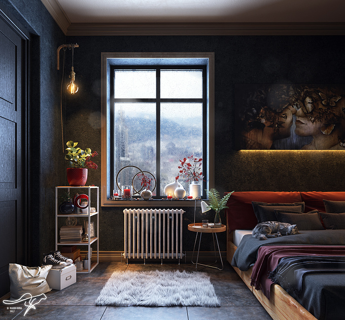 Hi guys ! ... from a month ago i had a short free time for work on my own project so i decided to make my dream bedroom in rainy wheteher and for making this scene i used 3dsmax , vray , photoshop . hope u like it and enjoy from this shot