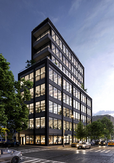  Exterior visualization of a modern eight-story building in NYC