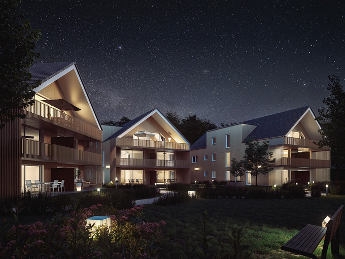 Idyllic apartment complex design in night light, in Germany. 
Visit: https://www.mattomedia.de/architekturvisualisierung/ for our projects.