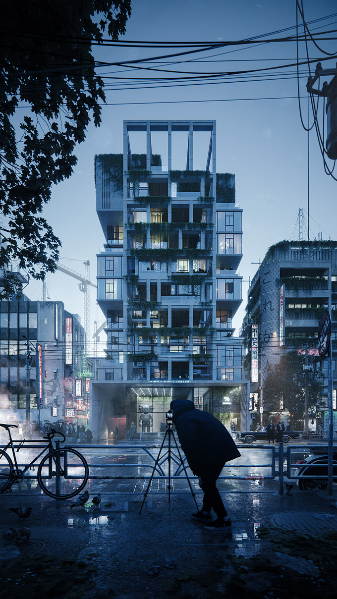 An eye-catching render of a <a href=" https://www.lunas.pro/portfolio/residential-tower-tokyo.html" target="_blank"> residential tower </a>  in the suburbs of Tokyo as captured through the eyes and the camera of a foreigner boy in the foreground. Intimidatingly futuristic and yet outdated the building holds a home for many restless Japanese souls. 