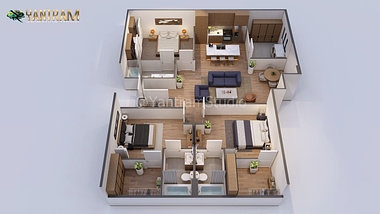 3D Floor Plan Rendering: architectural, rendering, services, home, residential, apartment, layout, open floor plan, House Plan.
