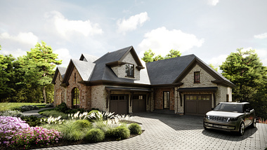 3D Architectural Visualization of a Stone-Facade Residential Home with Landscaping