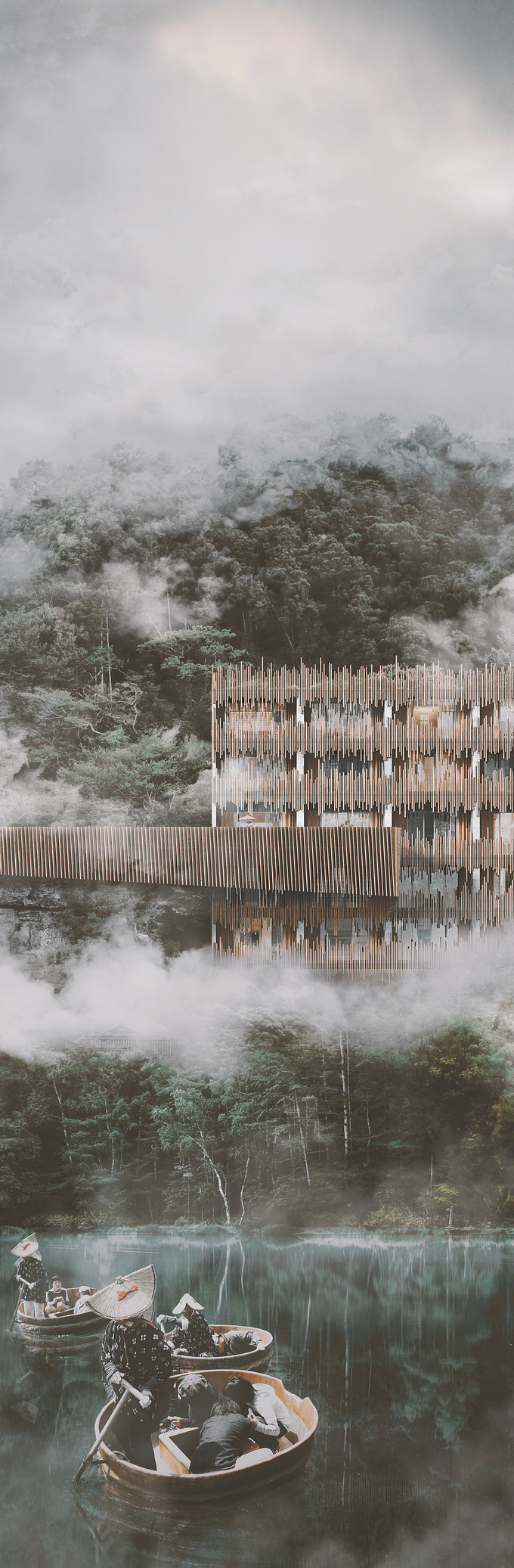 This is a personnal project about a ryokan in front of a japan lake.

This work was inspirated by Kengo Kuma's architecture.

Made with Lightwave and Photoshop...