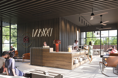 3D Rendering of a Reception Area with a Bar