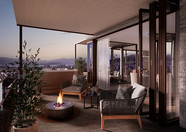 3D Visualization of a terrace with evening lighting 