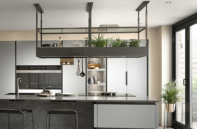 Our 3D artists have created CGI featuring industrial metal framed shelving which is currently very trendy. They've combined it with our clients ultra modern island kitchen and home bar to great effect.
The cabinet selection and kitchen plan was provided by our client, with the 3D production, interior styling and additional prop modelling by our in-house team. We used 3DSMax and rendered using Corona renderer. Colour accuracy adjustments and tweaks in Adobe Photoshop and Fusion Studio 16.
More of our kitchen CGI > https://www.pikcells.com/gallery/kitchens