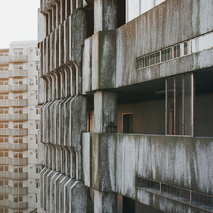 This project is modeled after an apartment building built in the 80s.  I used to often walk my dog around that huge apartment complex so I started to notice a lot of details and decided to build it in 3D.