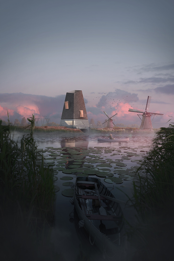 Aurora proposes a conceptual residence on a dutch canal along the iconic windmills. A peaceful early morning feeling was the core of our approach.