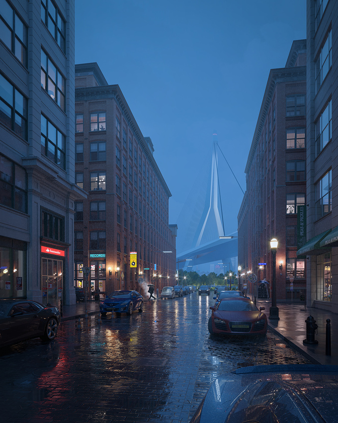 Texel - http://www.texel.digital
At Texel We have been working on a special project lately to test our skills. 
The project aimed to recreate one of the most iconic streets in Brooklyn but with a slight twist to the main subject, the Manhattan Bridge. 
What would DUMBO look if the Manhattan Bridge would be replaced by a more contemporary one?

Everything in the image (apart the people) has been modelled and shaded. 
We even shaded the little drops of water on the cars with Corona layered materials and Triplanar maps to place them only on the top surfaces.

We also shaded dirt, moist and imperfections on all the surfaces.

Software used: Corona for 3ds Max, Photoshop, Lightroom, Quixel Mixer and Megascans. 
Most of the buildings were modelled in Sketchup.