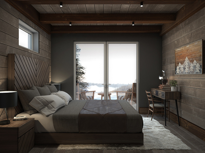 Lake cabin bedroom interior design and visualization done for private client.