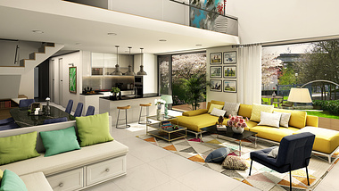Conceptual 3D Interior Rendering of Living-Kitchen