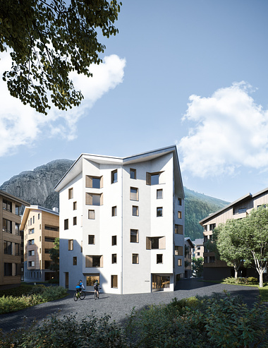 Exterior visualization of The Frame apartments in Andermatt.