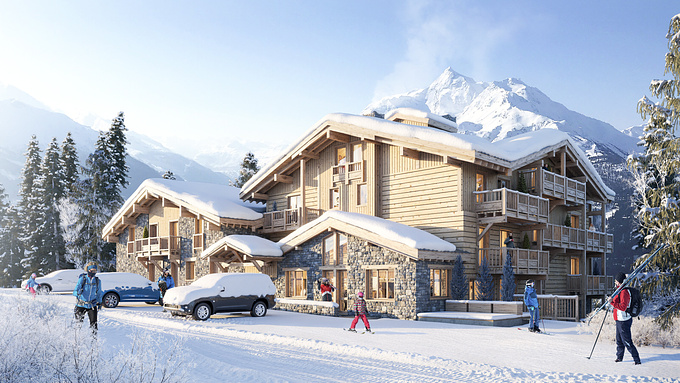 Visualization of the chalet project with accent on the winter atmosphere and some snowy flair.