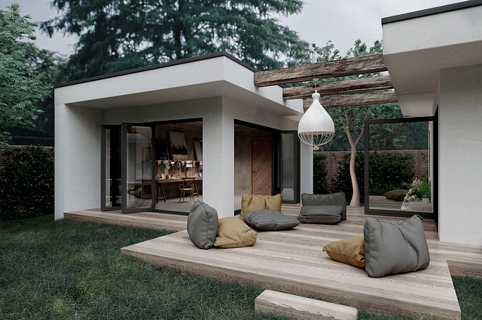 https://claudiapetrasciuc.com/
This is a close-up render of the patio that connects the workshop where the artist creates her work and the living part of the house, which is to the right of the image. The interesting part presented here is the openness created with the types of big glass doors that allow a connection between the two main areas of the house and also allow a connection with the garden.