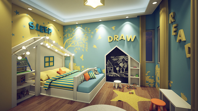 Interior design and night 3D visualization of a kid room.