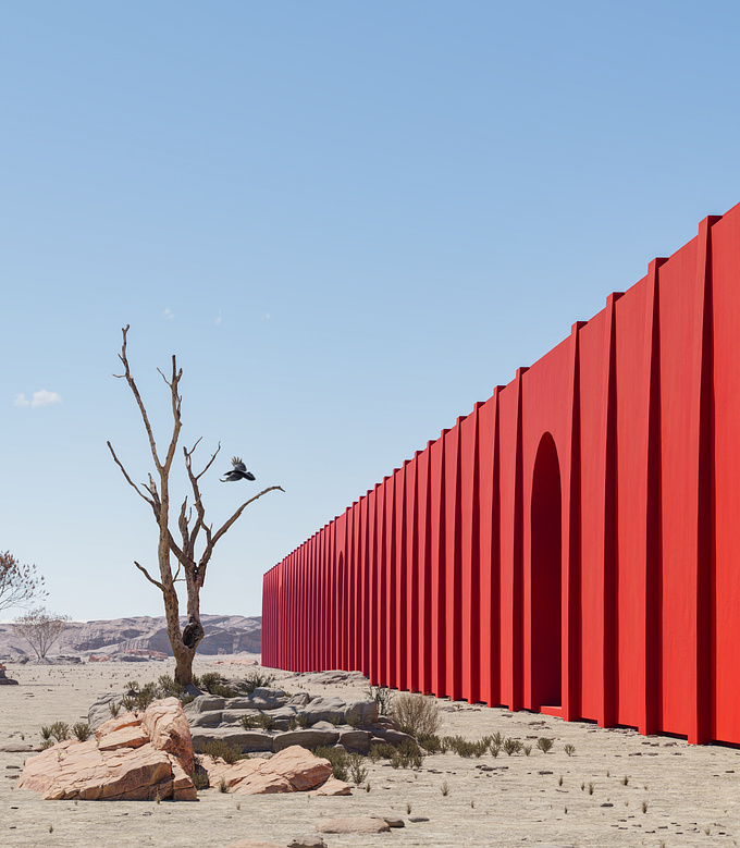 Rhythmic facade creating a harmonious contrast with the desert environment.