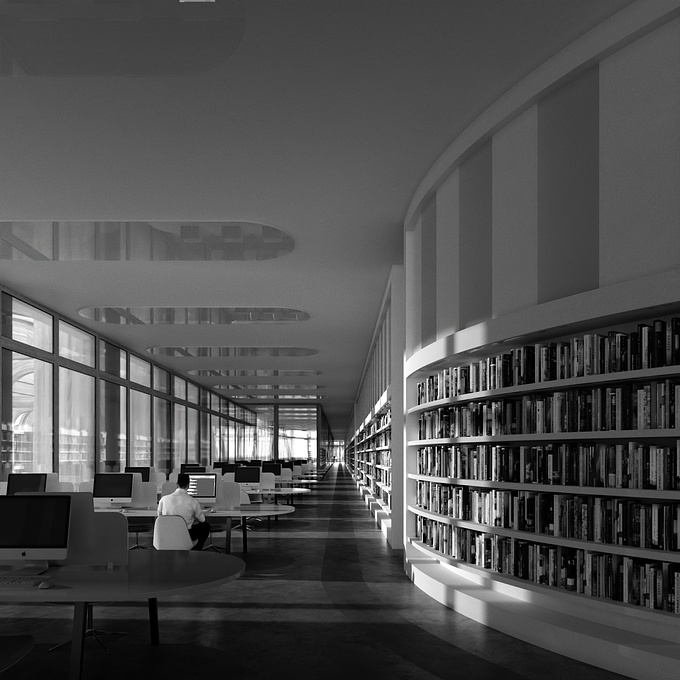 Some high-contrast black-and-white fine artsy renderings of a freshly finished public library project.