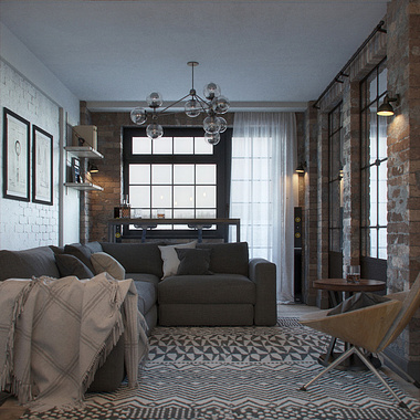 3D interior visualization of a loft apartment