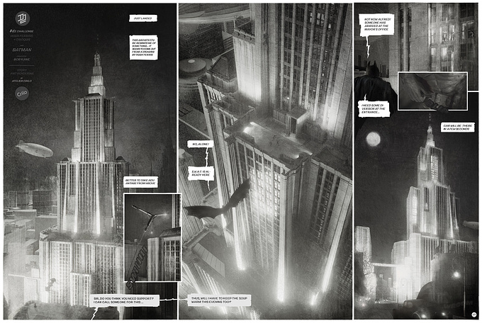A comic strip starring the dark knight (created by Bob Kane) and an imaginary building inspired to the Ferriss's compositions.
