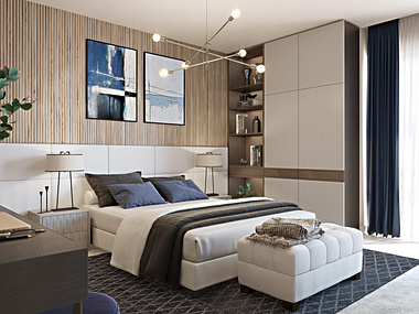 Elegant bedroom with wood panels CGI