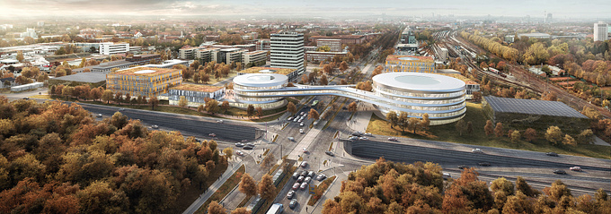 Henning Larsen - http://henninglarsen.com
Competition entry for a new Continental Headquarters in Hannover.

Architecture: Henning Larsen, Munich

Two fixed views given from competition brief. Aerial photos given by the competition organisers were taken by a drone and merged to a "fish eye" view. Foreground made in 3D to get rid of the fish eye effect for a more desirable representation of the design.