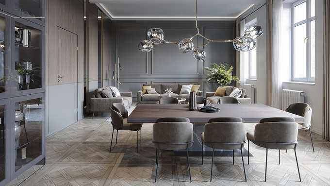 Visualization set for the Vienna apartment with a breeze of classic architecture and modern materials.