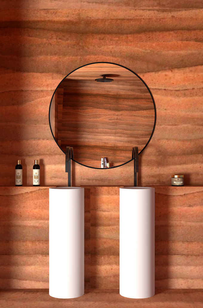 visualization of bath fittings in a rammed earth aesthetic