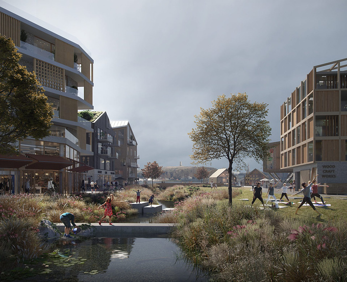An accessible multigenerational residential district is envisioned by Asplan Viak, one of Norway's largest consulting engineering and architectural firms. Situated in Tønsberg, Kaldnes Vest is an urban development project that will provide a place to live, work and connect with one another in close proximity to nature. 
Our illustration communicates the mood and psychological state of ‘hygge’, which stands for comfort, wellness and spontaneous social interaction - esteemed values of Nordic cultures. 

Architect: Asplan Viak AS
Developer: Kaldnes Vest AS
