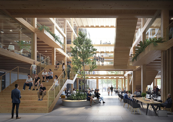 White Arkitekter was invited to participate in a competition to create a design for a new office building at iCampus in Munich. The studio proposed a modern health-promoting multi-tenant building, containing a public co-working space and a courtyard. 
We chose the magic hour scene to display the timber core in a spectacular way.
White Arkitekter won the third prize in the competition. 


