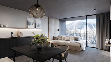 Interior visualization of a luxurious hotel in the mountains of Upper Austria