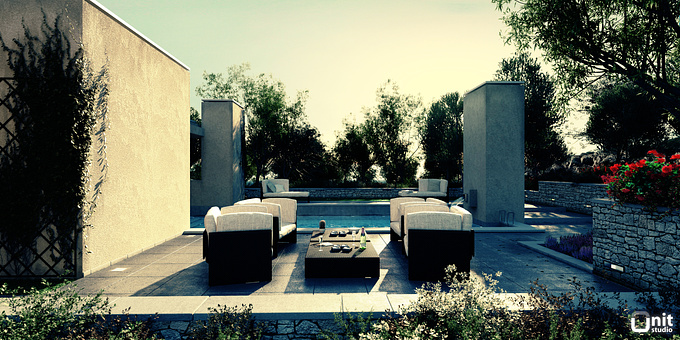 UNIT Studio - http://www.unit-studio.it
The image represent a terrace in typical mediterranean environment at sunset. The original render was post-producted and edited with color grading.