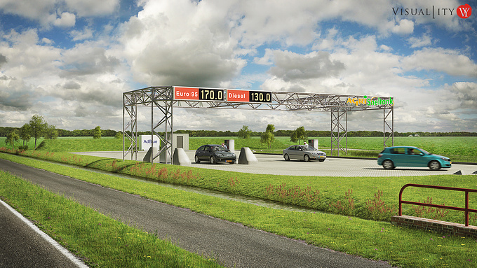 Visuallity - http://www.visuallity.com
This project was given to my by CZAV to visualize their newest gas station design in Steenbergen, the Netherlands. I was asked to create a couple of realistic visuals.