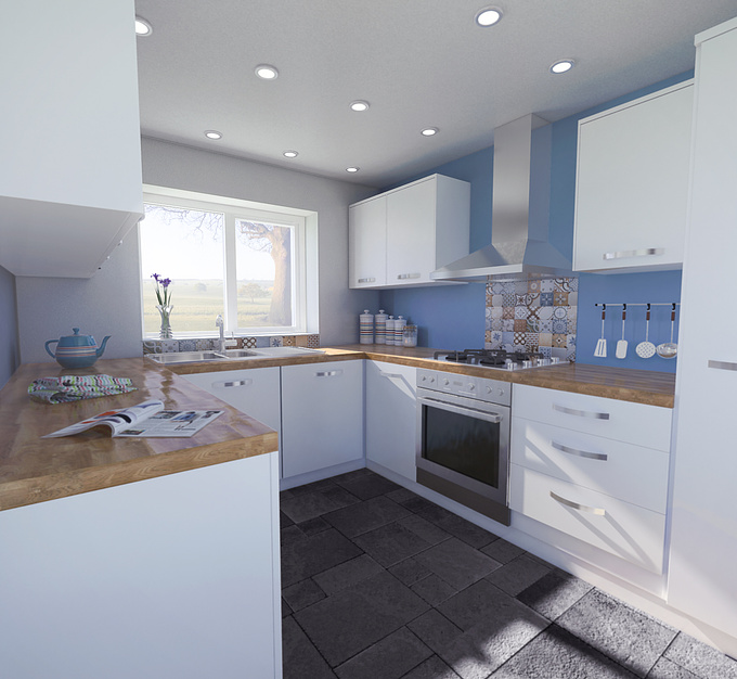 Commissioned work for a new build. Kitchen layout was specified but all materials and textures designed by myself.