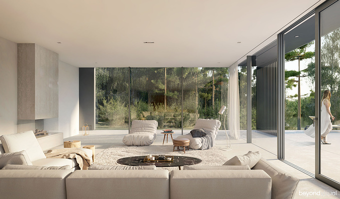 Another visualization of Scandinavian villa representing spacious and luxurious living room, that opens up to the natural surrounding.