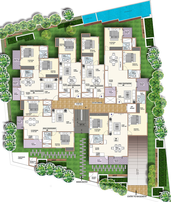 MAARK VISION ARCHITECTS ( PVT LTD)
GROUND FLOOR PLAN G+3 TOTAL SITE AREA 10250 SFT
BUILT UP AREA OF EACH FLOOR 
GROUND FLOOR  4.618,03 
TYPICAL FLOOR  4.866,10 
TOTAL BUILT UP AREA  19.216,33 
TOTAL BALCONY/UTILITY/TERRACE AREA  2.038,51	
TOTAL COMMON AREA  4.680,00 	
TOTAL SUPER BUILT UP AREA  25.931,19