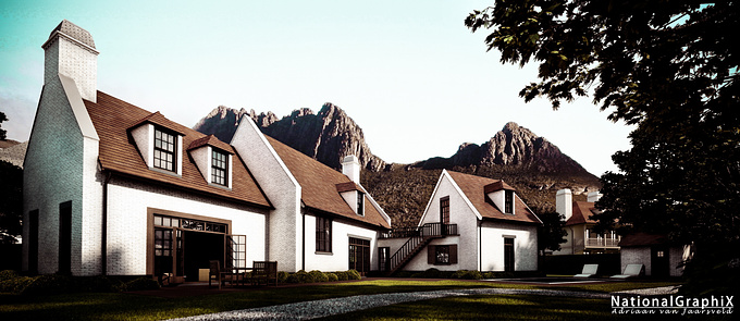 A fun depiction of a Belgium house design placed in the Western Cape wine lands of South Africa