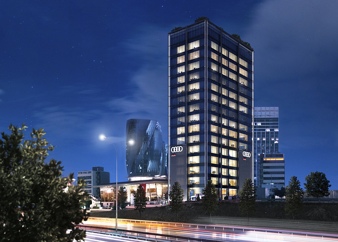 Quark Studio - http://www.quark-studio.com
Here is the night shot of the visualisation done by Quark Studio for a Turkish client for the design of the Audi showroom and the commercial tower above in Maltepe, Istanbul. 
Software : 3d max, vray, photoshop