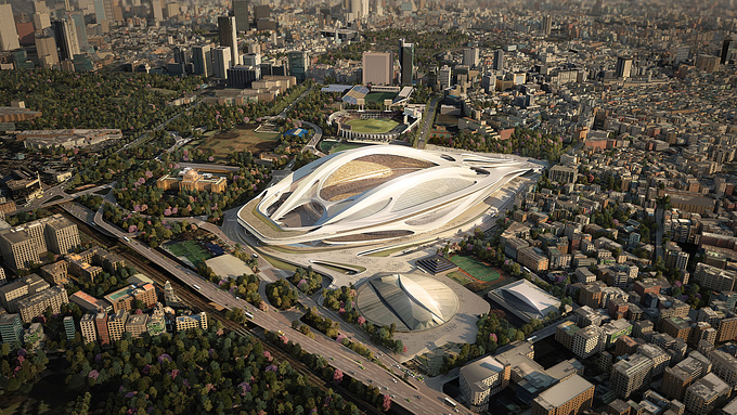 Minmud Ltd. - http://www.minmud.co.uk


Aerial view of the Tokyo National Olympic Stadium. Completed for Zaha Hadid Architects and JPN Sport as Tokyo's bid to host the 2020 Olympics.

This image formed the centre piece hero shot for a series depicting the clients design within the fabric of Tokyo. It was a challenging project that needed special attention to the way that the design integrated with the city. As no suitable aerial photography was available a basic 3D model of Tokyo was used as a starting point and then heavily developed.
The stadium itself was illustrated to the clients specification with the team at Minmud going to extra lengths to incorporate as much detail as possible in the limited time available.
The clients design was chosen by a panel chaired by Tadao Ando and including Norman Foster and Richard Rogers. The images were used worldwide in publications such as The Guardian, The Huffington Post, AJ and BD Magazine.
The stadium is to be completed for the 2019 Rugby World Cup.