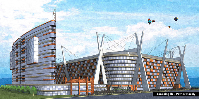 ZooBoing llc - http://www.zooboing.com
A developer needed some loose renderings to help attract investors.  He didn’t have any designs, drawings or sketches… just an overall concept.  He needed a large football stadium, adjacent convention center and hotel tower.  

The design and renderings were created by myself using SketchUp, Shaderlight, and Photoshop.  Eight renderings were created over a 1 week period… it was a marathon.