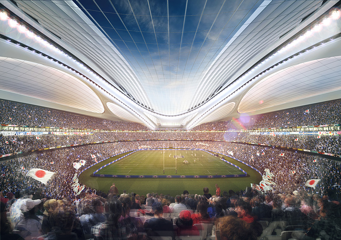Minmud Ltd - http://www.minmud.co.uk
Completed for Zaha Hadid Architects and JPN Sport.

This view shows the World Cup Rugby. The stadium is designed to suit difference uses and sports including Rugby, Football and the Olympics.

The clients design was chosen by a panel chaired by Tadao Ando and including Norman Foster and Richard Rogers. The images were used worldwide in publications such as The Guardian, The Huffington Post, AJ and BD Magazine.
The stadium is to be completed for the 2019 Rugby World Cup.