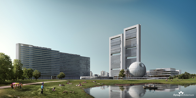 FlyingArchitecture - http://services.flyingarchitecture.com/
United Nations Industrial Development Organization was having a contest where this design with spherical theater didn't pass, however we still think it's pretty cool to have a death-star-shaped theater, right? ;)