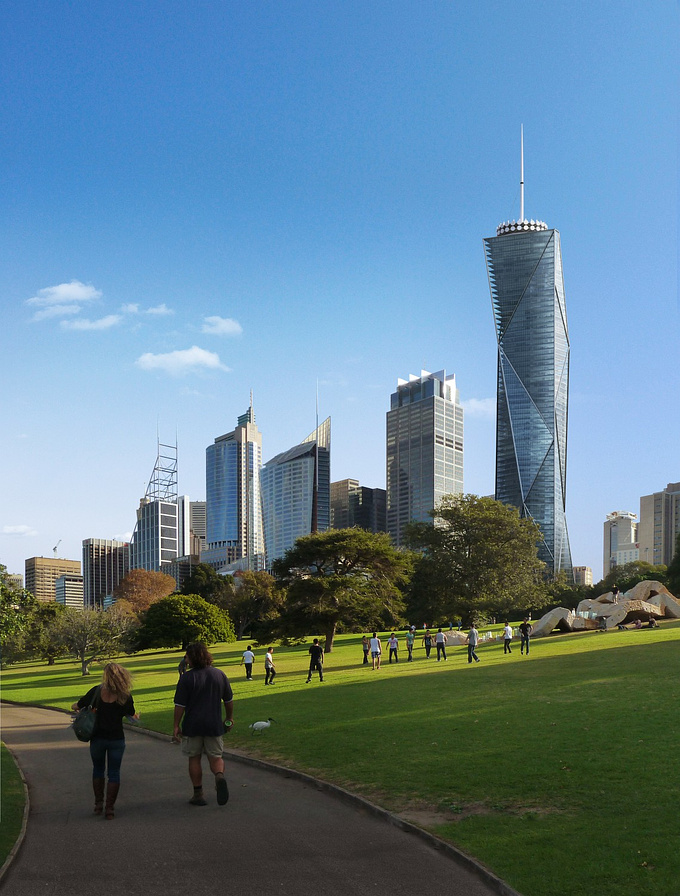 The tallest Sydney skyscraper was a project dedicated to our Architectural visualizations workshop in Melbourne (previously planned in Sydney) – designed and visualized by FlyingArchitecture team members.
Diamond shape structure holds 80 floors with full facade glazing in metal frame grid.