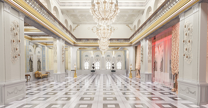 Client needed a ball room. he did not provide any drawings for it. he just needed a ball room interior and I have come up with this.

well the only reason I posted the image here is to get criticism. :)