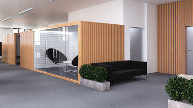 Office interior rendering - wooden boxes
