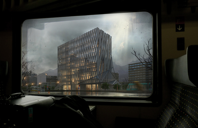 an abstract rendering look through a train window to our new building.

design by Volumetrik Creative Workshop