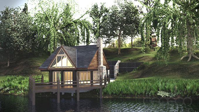 Cedeon Design - http://design.cedeon.co.uk/portfolio-entry/2014/proposed-fishing-lodge/
We recently created an accurate BIM model for a UK Building Regulations application of this proposed lake side fishing lodge.  We then imported this model into Blender along with the meticulously recreated 3D topography from survey data to create the image below.  All the foliage was created in blender.  The whole piece took around 3 working days to complete.