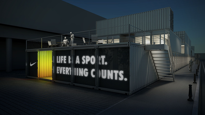 realiZtic - http://www.realiZtic.com
Early proposal for the Boxpark "NIKEFUEL STATION" facade that was designed in the run up to the London Olympics 2012.
The layout changed. The huge interactive LED wall that responds to pedestrians, creating excitement for the anticipated opening, stayed.

http://www.boxpark.co.uk/
"BOXPARK Shoreditch is a retail revolution – the world’s first pop-up mall. Based in the heart of East London, for the next five years.
BOXPARK strips and refits shipping containers to create unique, low cost, low risk, ‘box shops’.
The world’s first ‘pop-up’ mall – so named because its basic building blocks are inherently movable: they can, and will, literally pop up anywhere in the world!"

www.realiZtic.com