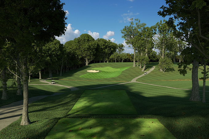 Aaron Smithey Architectural Imaging - http://www.aaronsmithey.com
The important parts were to show the new tee box, green and fairway design.  Also, showing the trees as accurate as possible so the club members would know that no trees were being removed.  To do this I used The Grove tree generator add on for Blender.  It worked great!!  I also used Blender Guru's Grass Essentials for the grass.